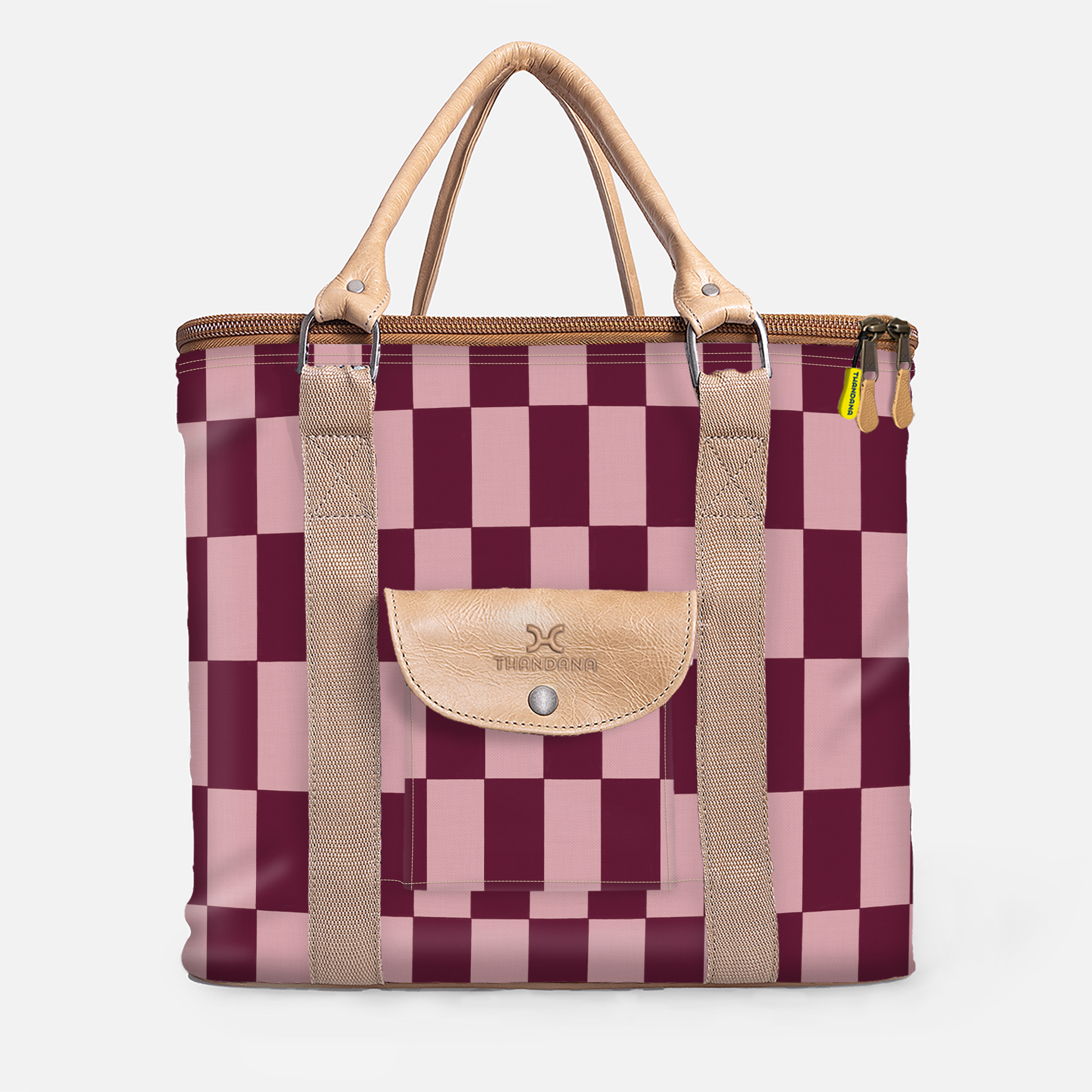 25l Box Cooler | Laminated Fabric with Genuine Leather & Hard Inner Bin Checkmate - Cherry Box Cooler by Thandana