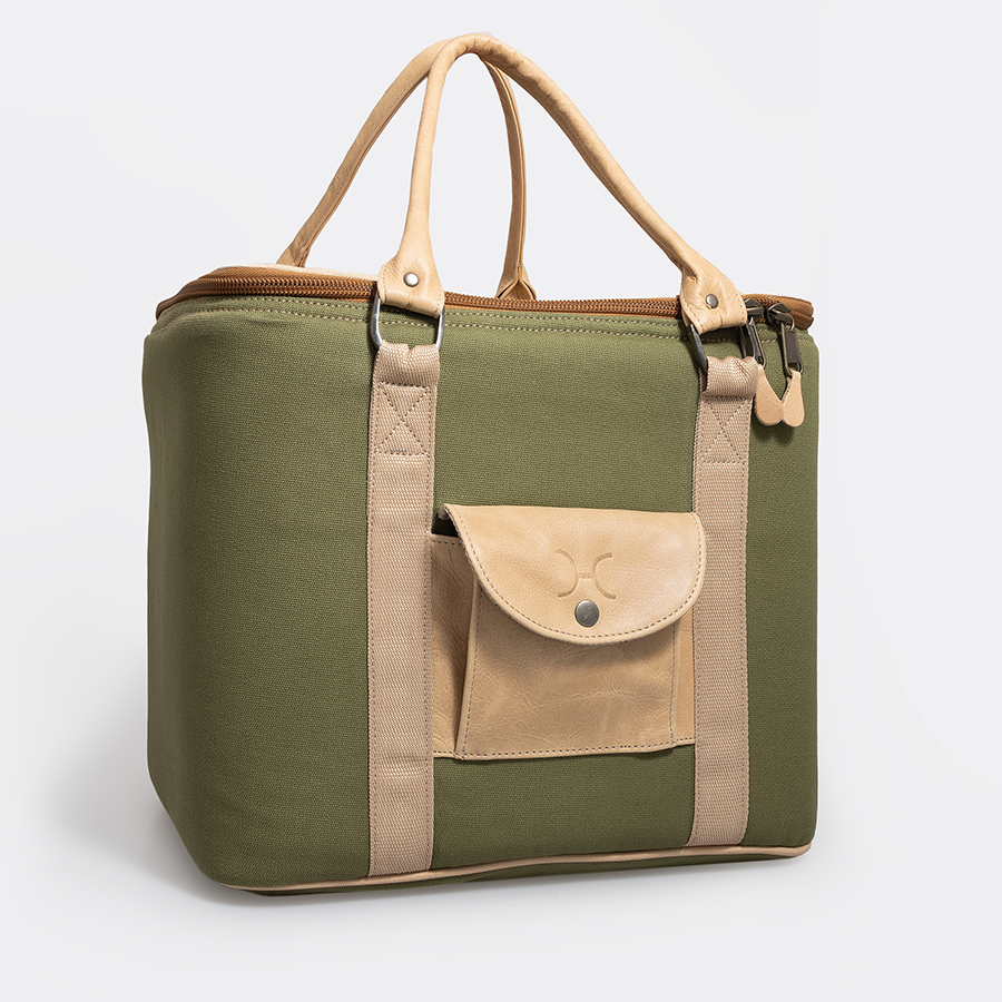 25l Box Cooler | Wax Canvas with Genuine Leather & Hard Inner Bin | Corporate Sage Canvas with Hazelnut Leather Box