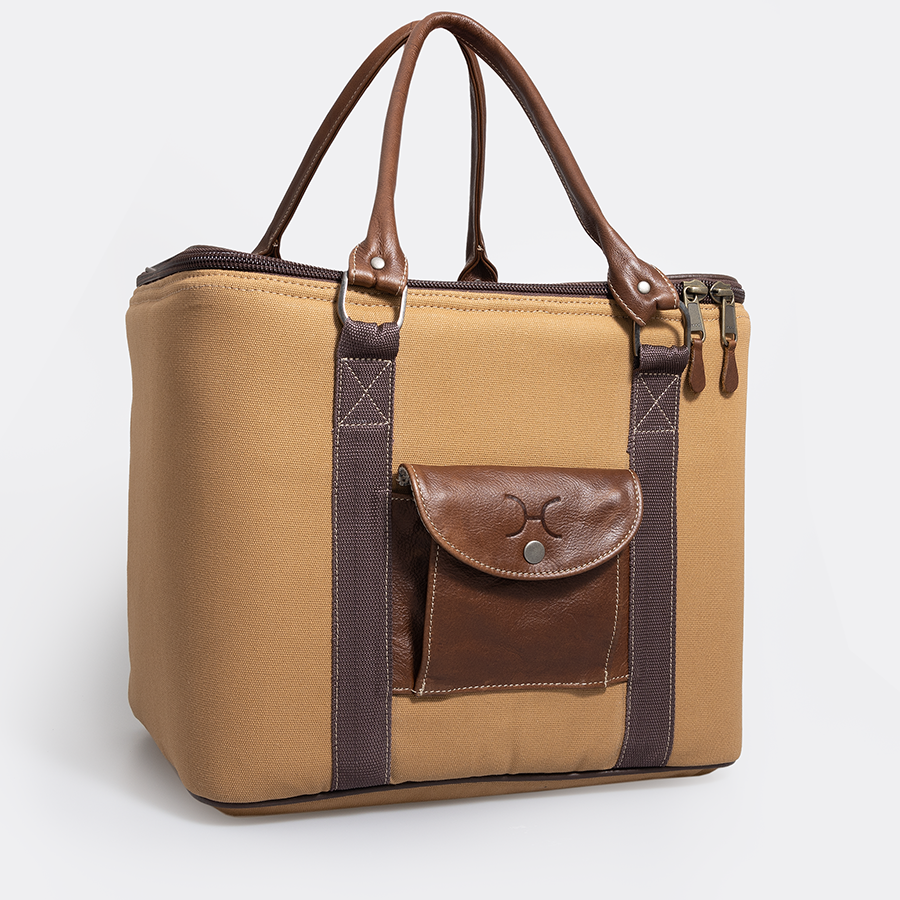 25l Box Cooler | Wax Canvas with Genuine Leather & Hard Inner Bin | Corporate Camel Canvas with Tobac Leather Box