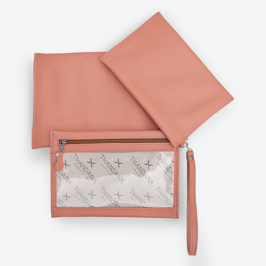 Accessory Pouches 3in1 Genuine Leather | Corporate Coral Leather Pouch by Thandana