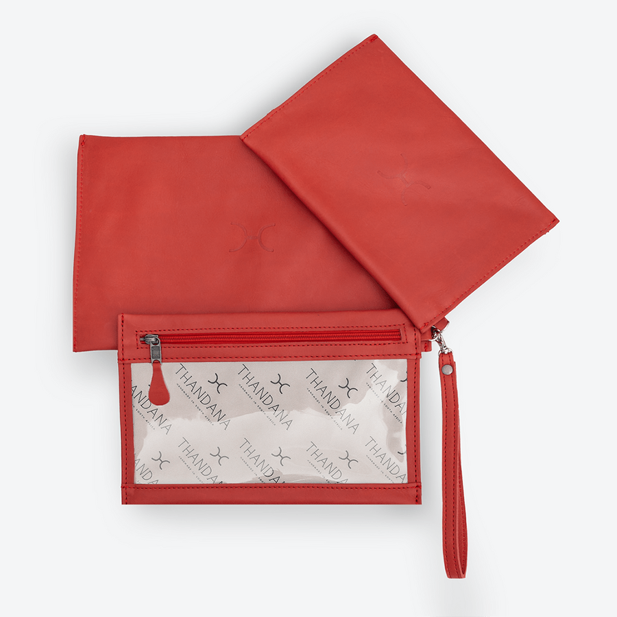 Accessory Pouches 3in1 | Genuine Leather Red Leather Travel Pouch Leather by Thandana