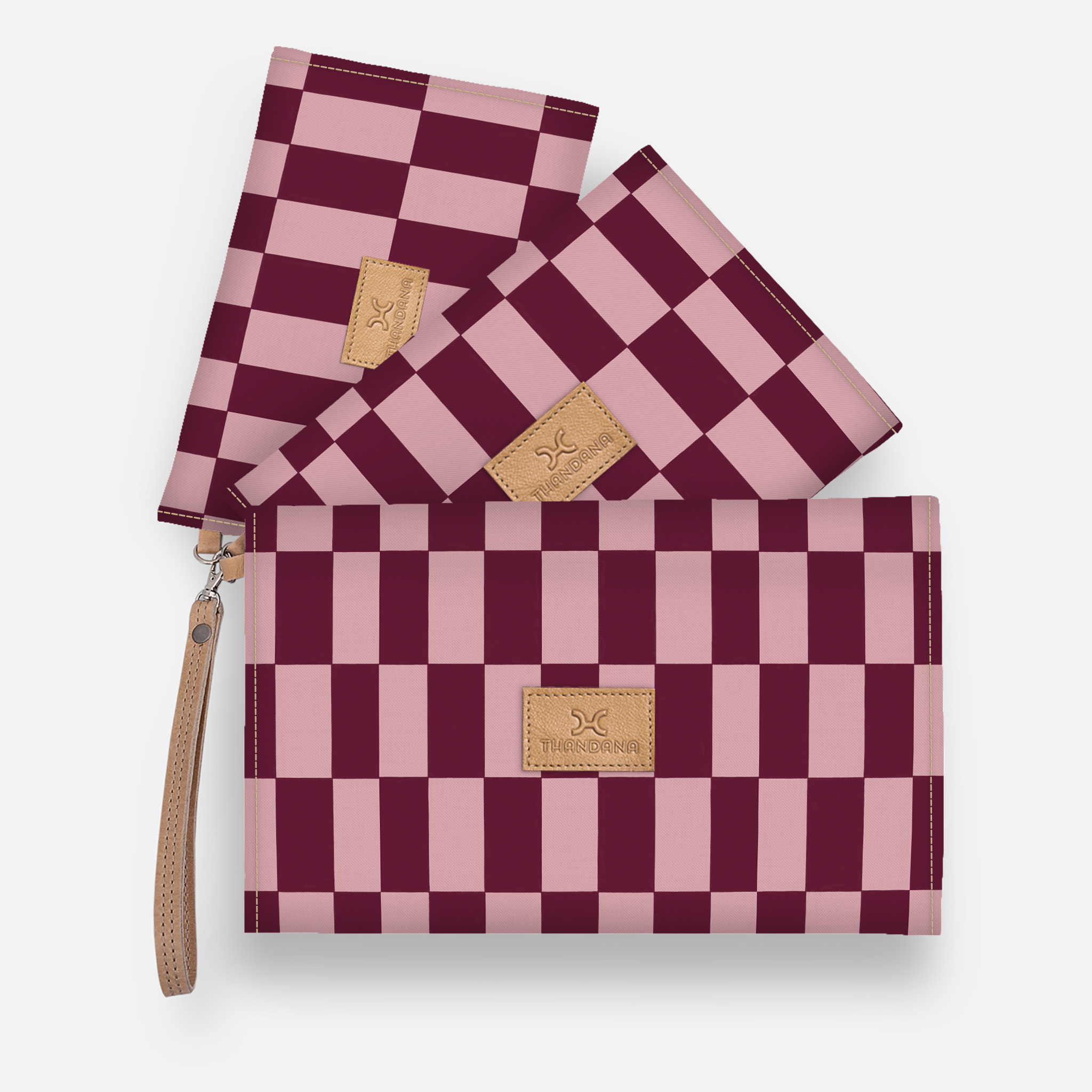 Accessory Pouches 3in1 | Laminated Fabric Checkmate - Cherry / Chunky Zip Pouch by Thandana