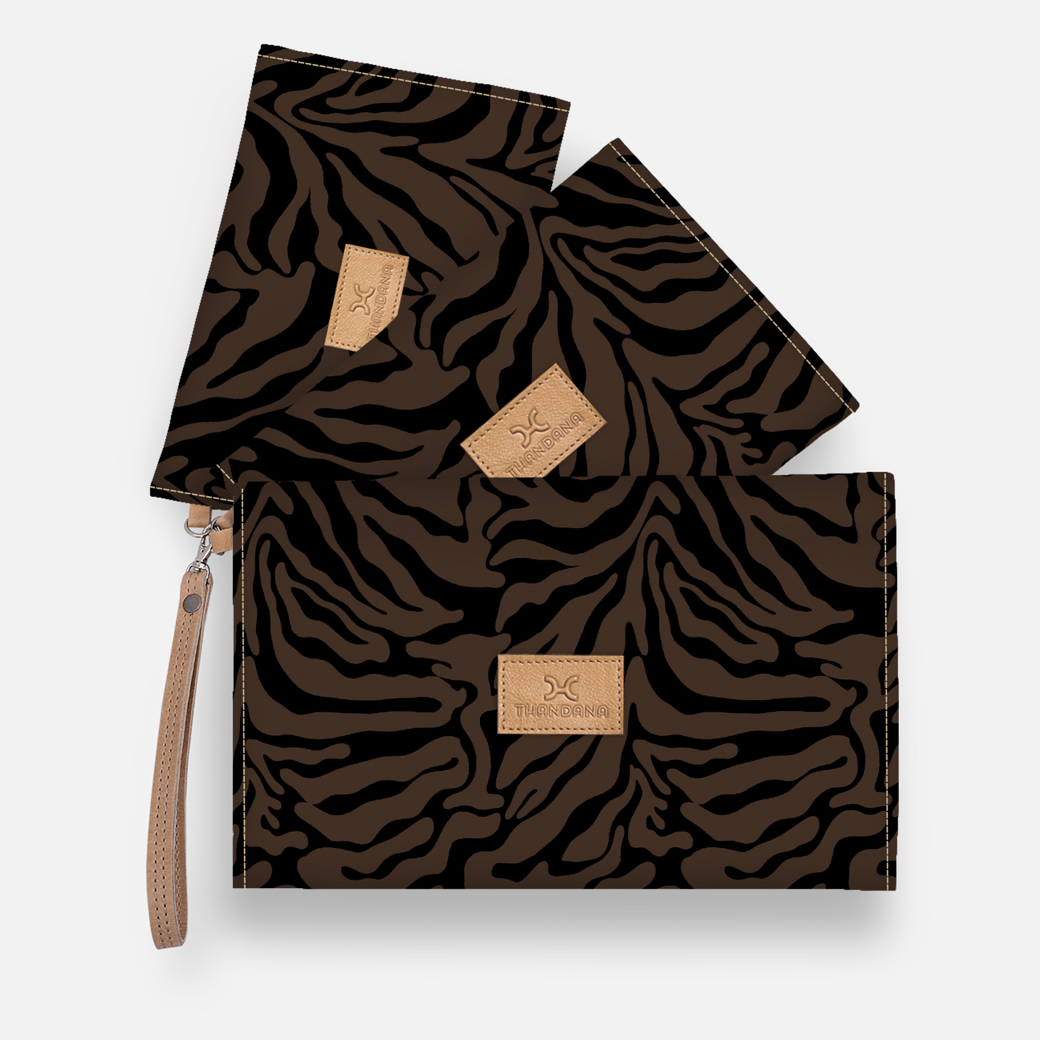 Accessory Pouches 3in1 | Laminated Fabric Nomad Stripe - Coffee / Chunky Zip Pouch by Thandana