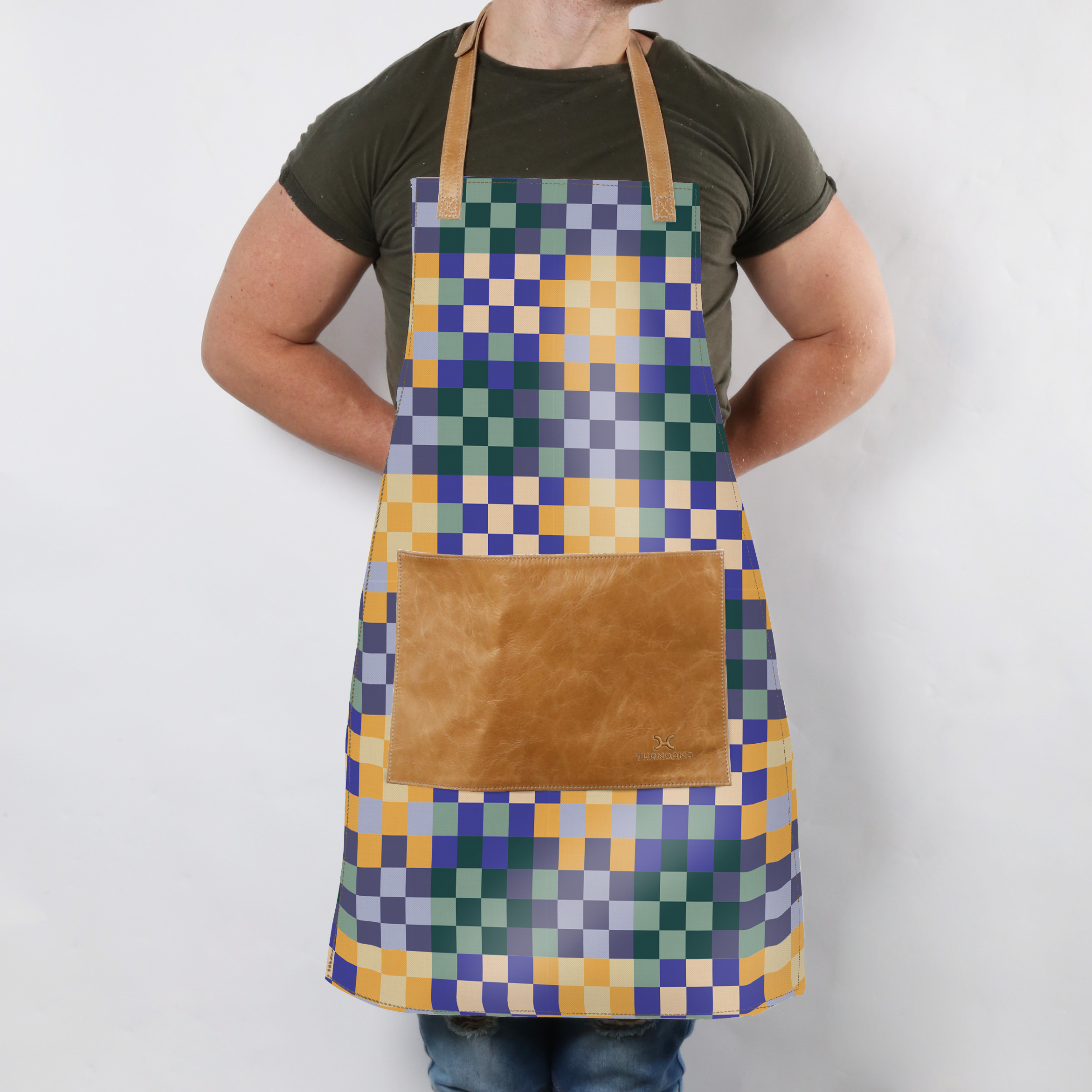 Apron | Laminated Fabric with Genuine Leather Pouch Checker - Jet Kitchen Apron by Thandana