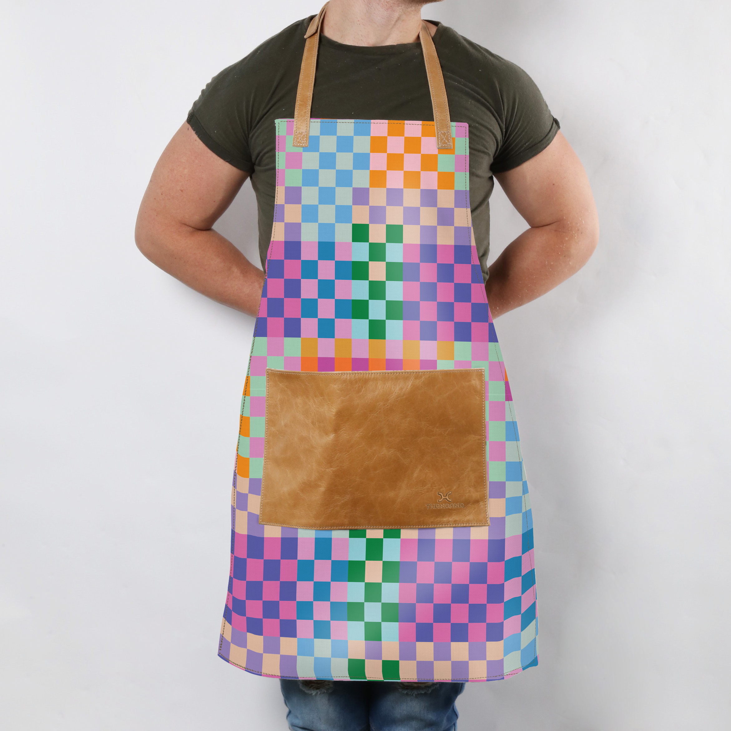 Apron | Laminated Fabric with Genuine Leather Pouch Checker - Preppy Kitchen Apron by Thandana