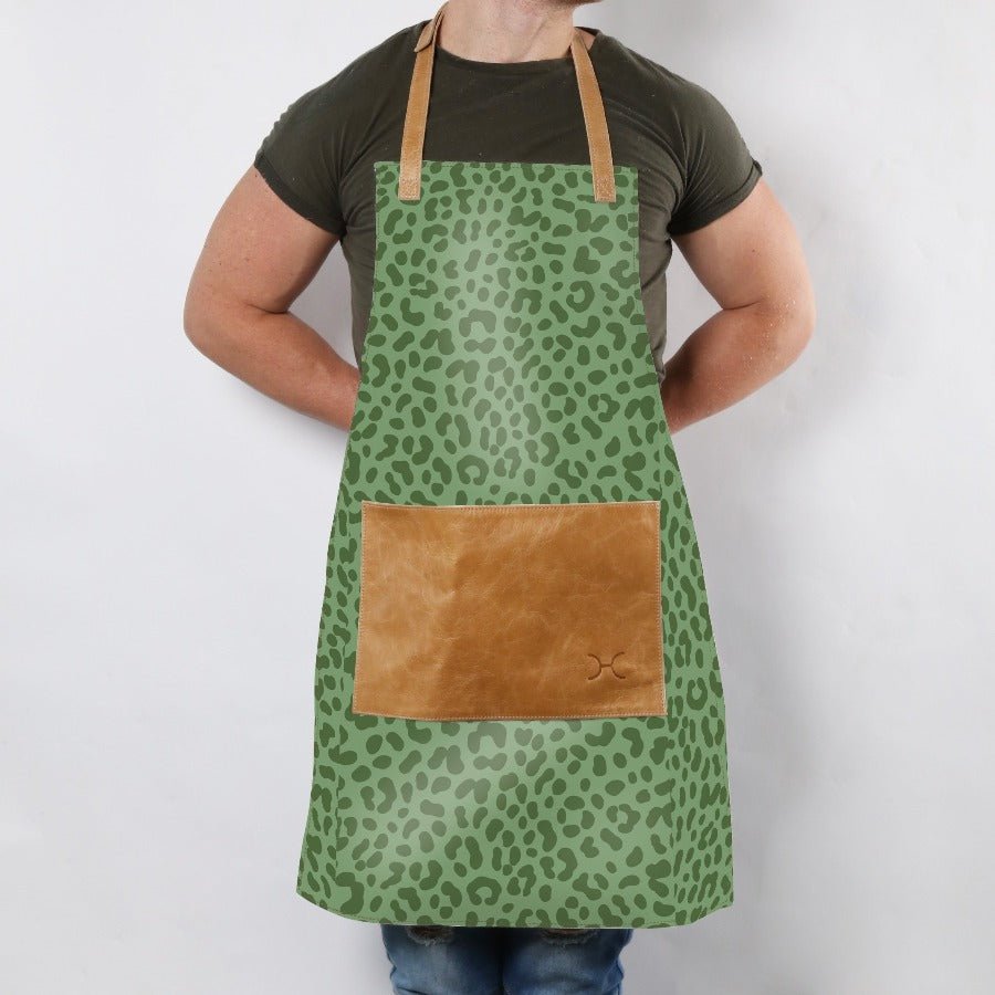 Apron | Laminated Fabric with Genuine Leather Pouch Cheetah - Olive Kitchen Apron by Thandana