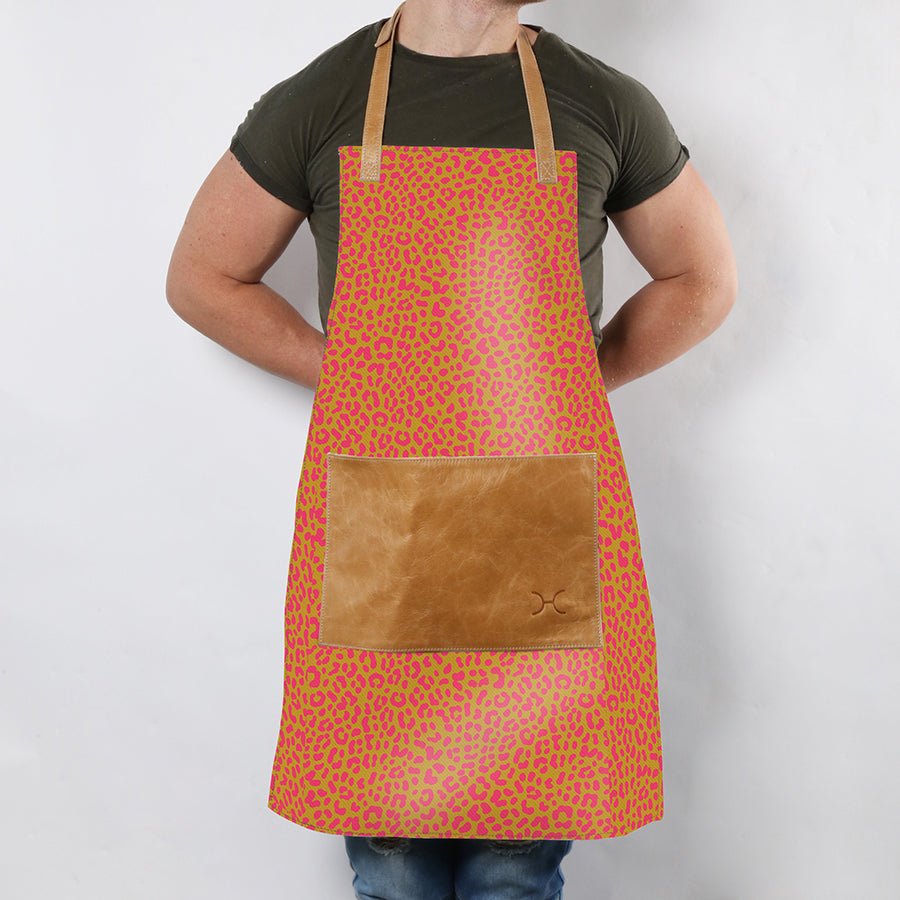 Apron | Laminated Fabric with Genuine Leather Pouch Cheetah - Preppy Kitchen Apron by Thandana