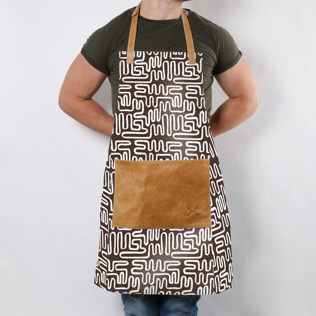 Apron | Laminated Fabric with Genuine Leather Pouch | Corporate Geo - Black Kitchen Apron by Thandana