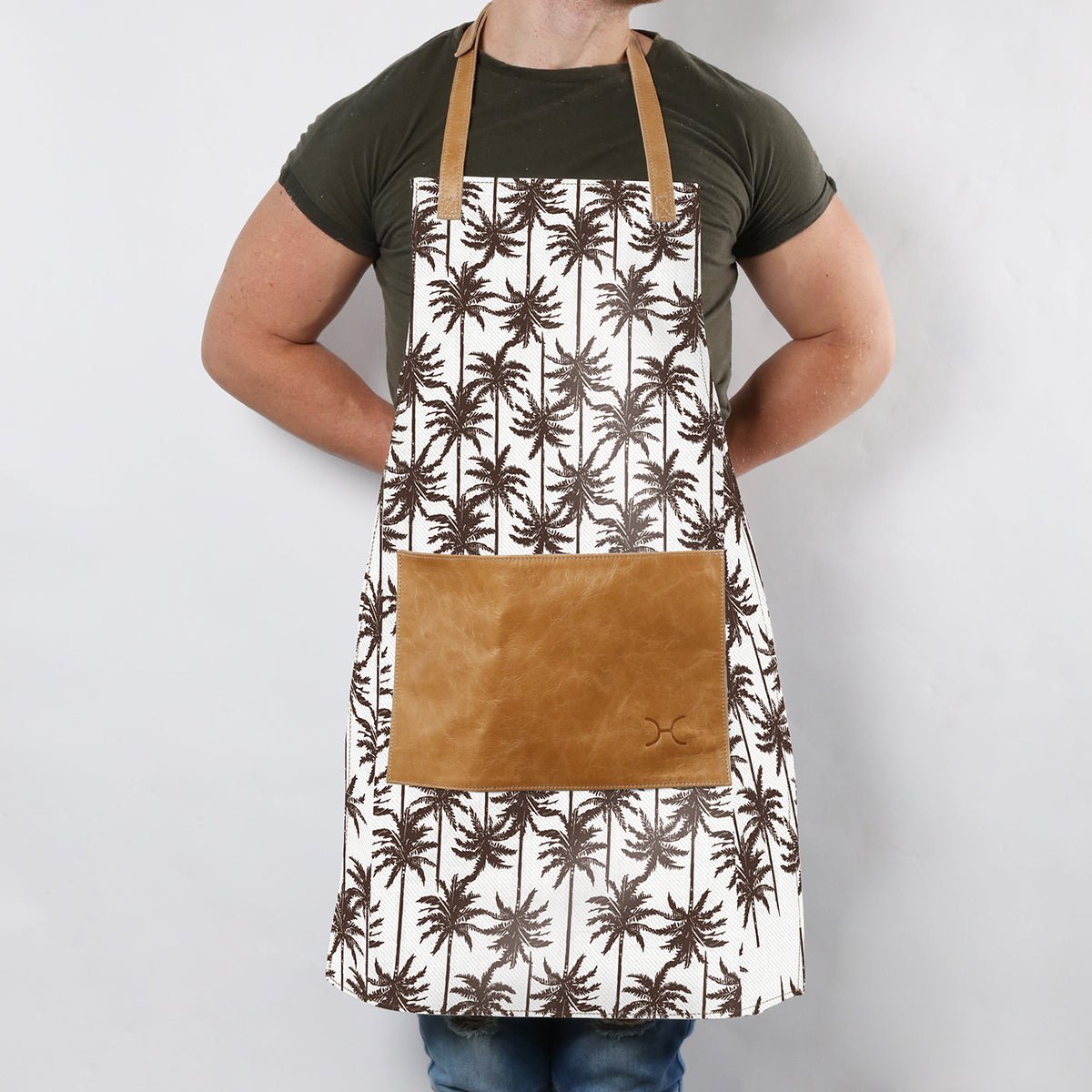 Apron | Laminated Fabric with Genuine Leather Pouch | Corporate Palm - Neutral Kitchen Apron by Thandana