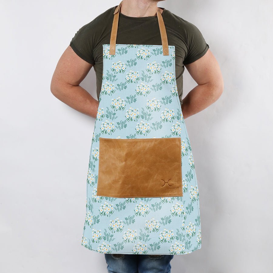 Apron | Laminated Fabric with Genuine Leather Pouch Crazy Daisy - Sage Kitchen Apron by Thandana
