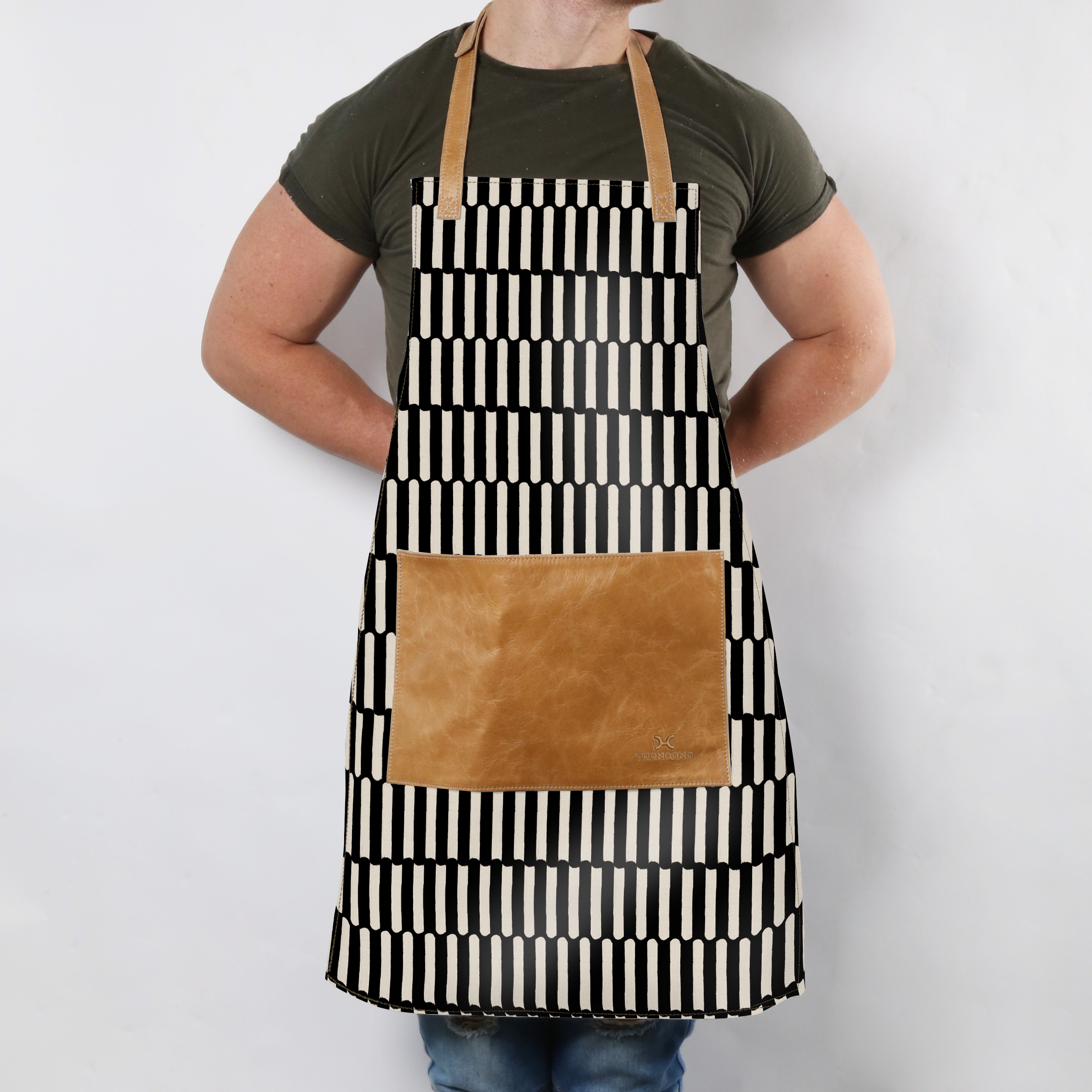 Apron | Laminated Fabric with Genuine Leather Pouch Indie - Pitch Kitchen Apron by Thandana