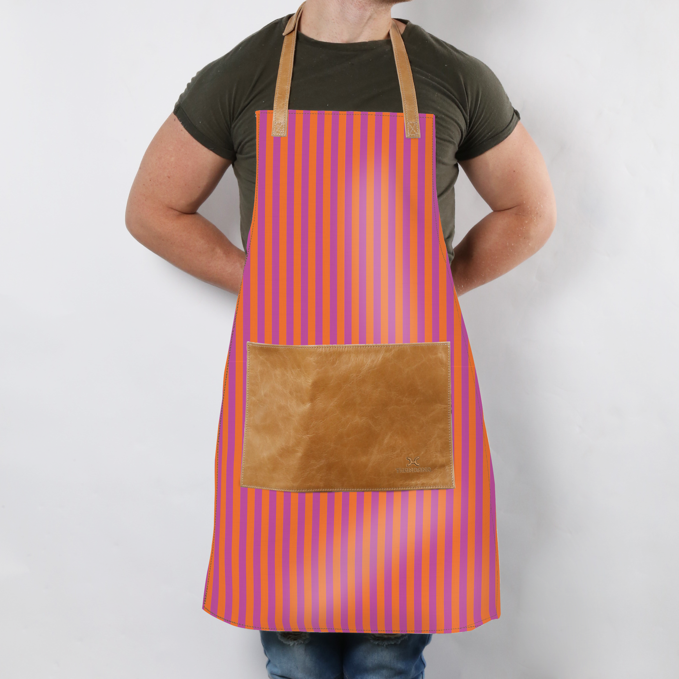 Apron | Laminated Fabric with Genuine Leather Pouch Linear - Preppy Kitchen Apron by Thandana