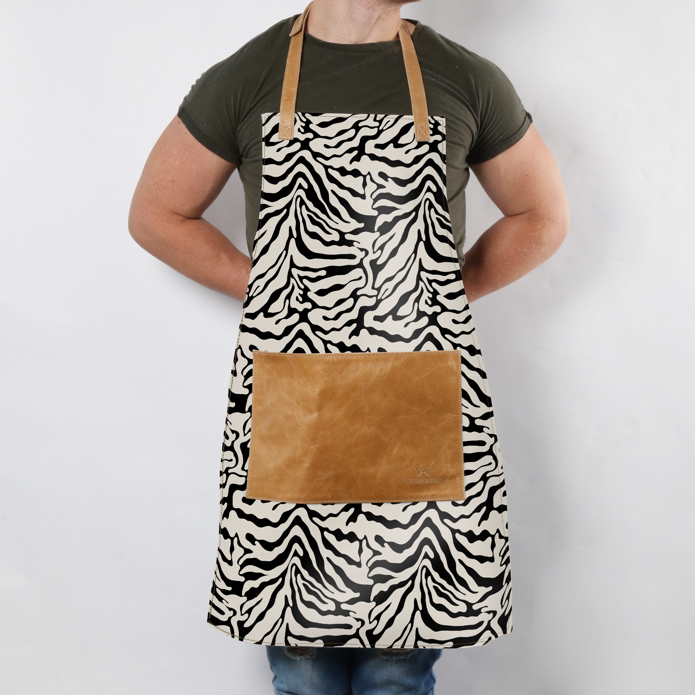 Apron | Laminated Fabric with Genuine Leather Pouch Nomad Stripe - Pitch Kitchen Apron by Thandana