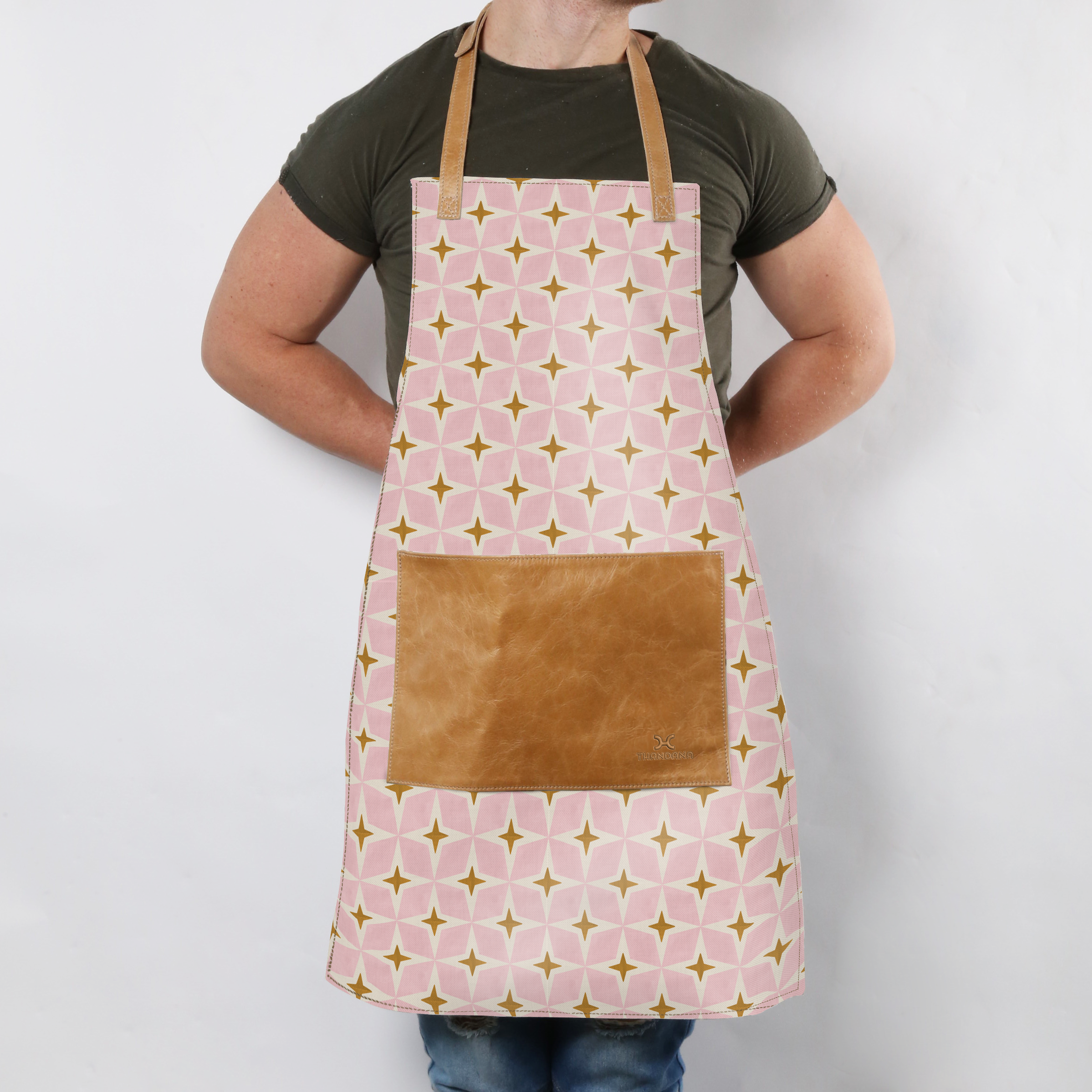Apron | Laminated Fabric with Genuine Leather Pouch Nova - Blush Kitchen Apron by Thandana