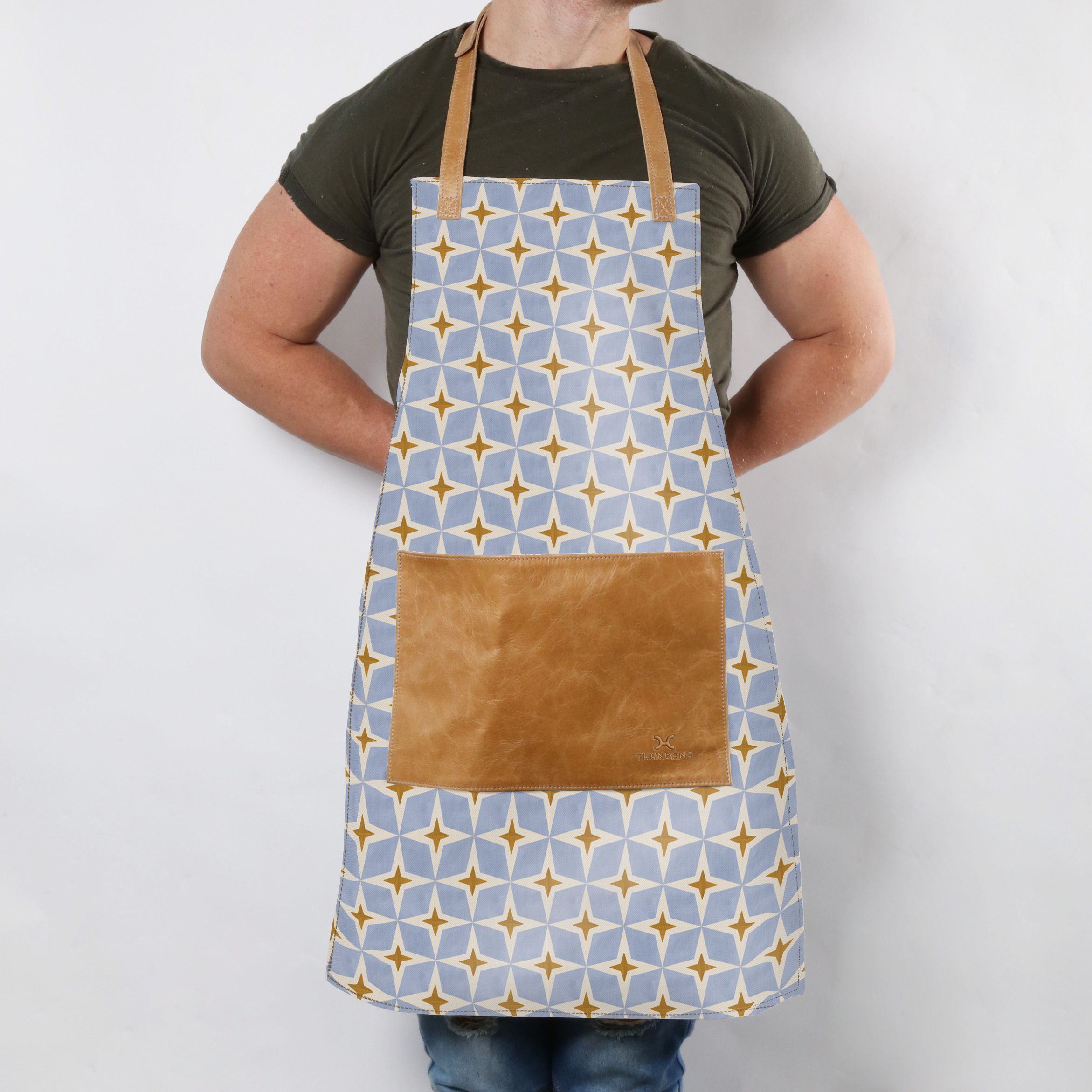 Apron | Laminated Fabric with Genuine Leather Pouch Nova - Mist Kitchen Apron by Thandana