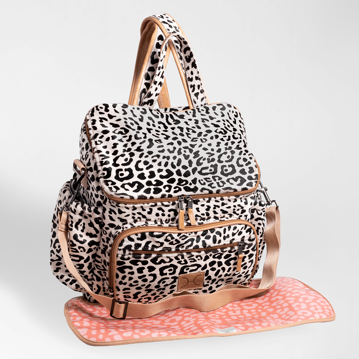 Baby Changing Backpack | Faux Fur Genuine Leather Wild Cat Printed Leather / Gunmetal (default) Nappy Bag by Thandana