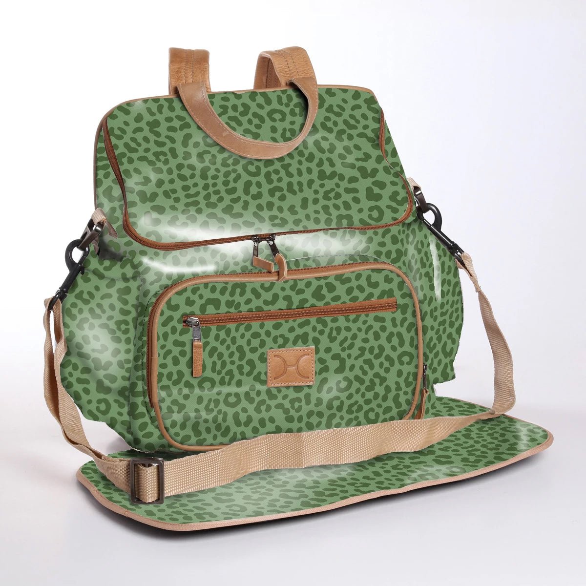 Baby Changing Backpack | Laminated Fabric with Genuine Leather Cheetah - Olive / Chunky Zip Nappy Backpack Fabric