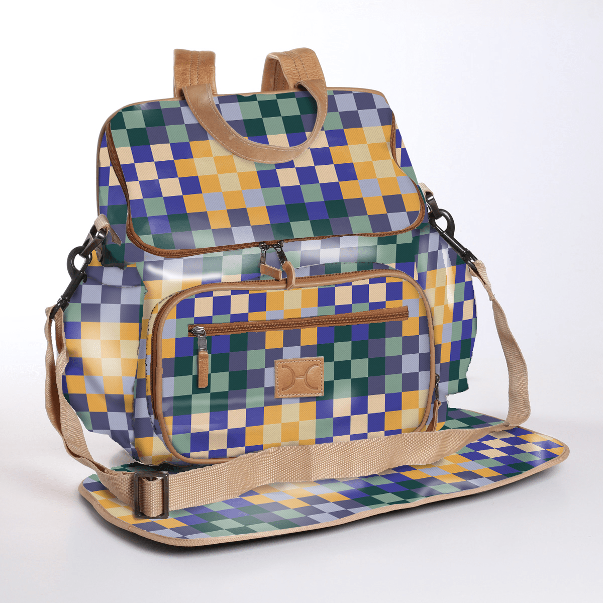 Baby Changing Backpack | Laminated Fabric with Genuine Leather Checker - Jet / Chunky Zip Nappy Backpack Fabric