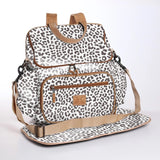 Baby Changing Backpack | Laminated Fabric with Genuine Leather Cheetah - White / Chunky Zip Nappy Backpack Fabric