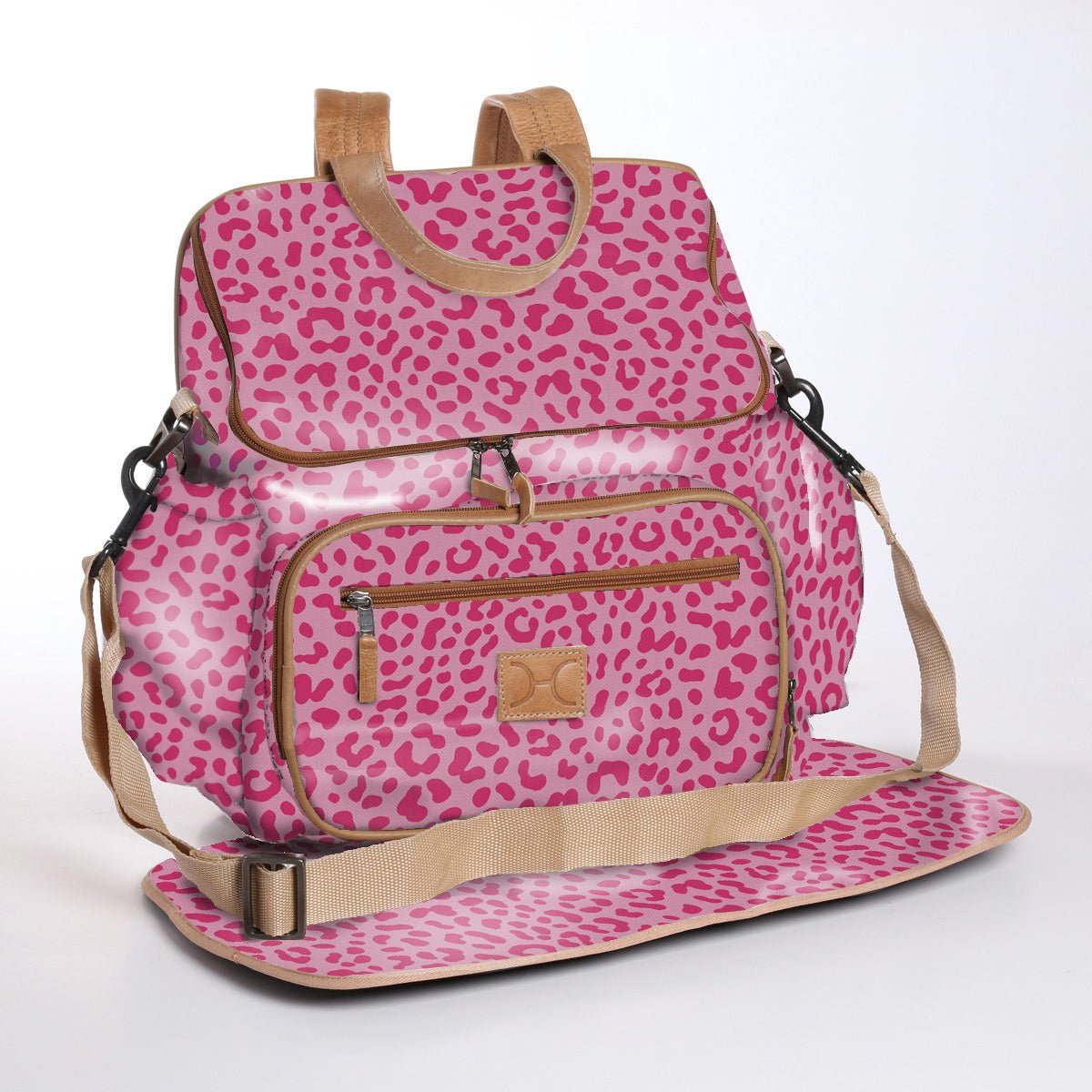 Baby Changing Backpack | Laminated Fabric with Genuine Leather Cheetah - Pink / Chunky Zip Nappy Backpack Fabric