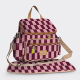 Baby Changing Backpack | Laminated Fabric with Genuine Leather Checkmate - Cherry / Chunky Zip Nappy Backpack Fabric