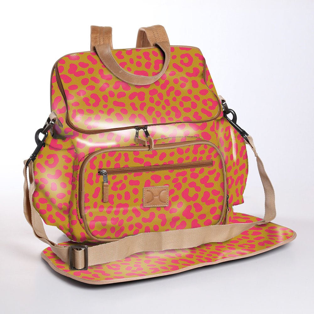 Baby Changing Backpack | Laminated Fabric with Genuine Leather Cheetah - Preppy / Chunky Zip Nappy Backpack Fabric