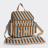 Baby Changing Backpack | Laminated Fabric with Genuine Leather Coastal Stripe - Blue / Chunky Zip Nappy Backpack Fabric