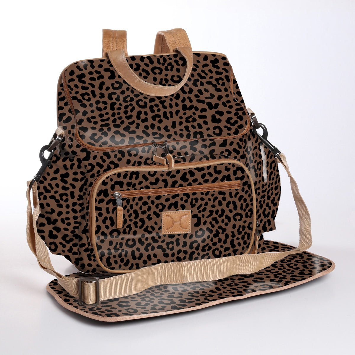Baby Changing Backpack | Laminated Fabric with Genuine Leather Cheetah - Coffee / Chunky Zip Nappy Backpack Fabric