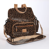 Baby Changing Backpack | Laminated Fabric with Genuine Leather Cheetah - Coffee / Chunky Zip Nappy Backpack Fabric