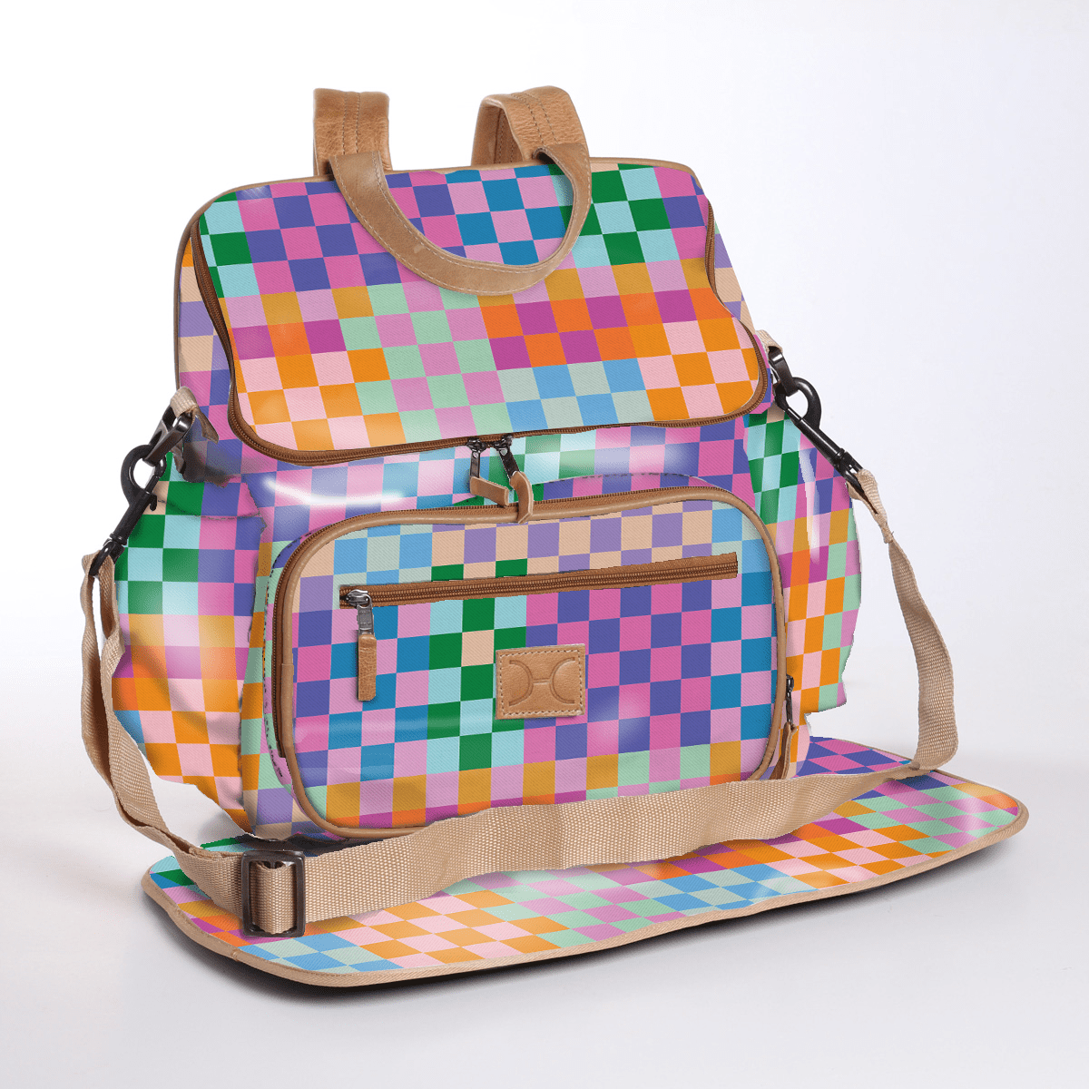 Baby Changing Backpack | Laminated Fabric with Genuine Leather Checker - Preppy / Chunky Zip Nappy Backpack Fabric