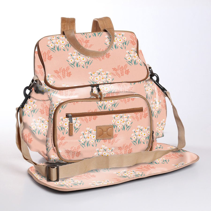 Baby Changing Backpack | Laminated Fabric with Genuine Leather Crazy Daisy - Blush / Chunky Zip Nappy Backpack Fabric