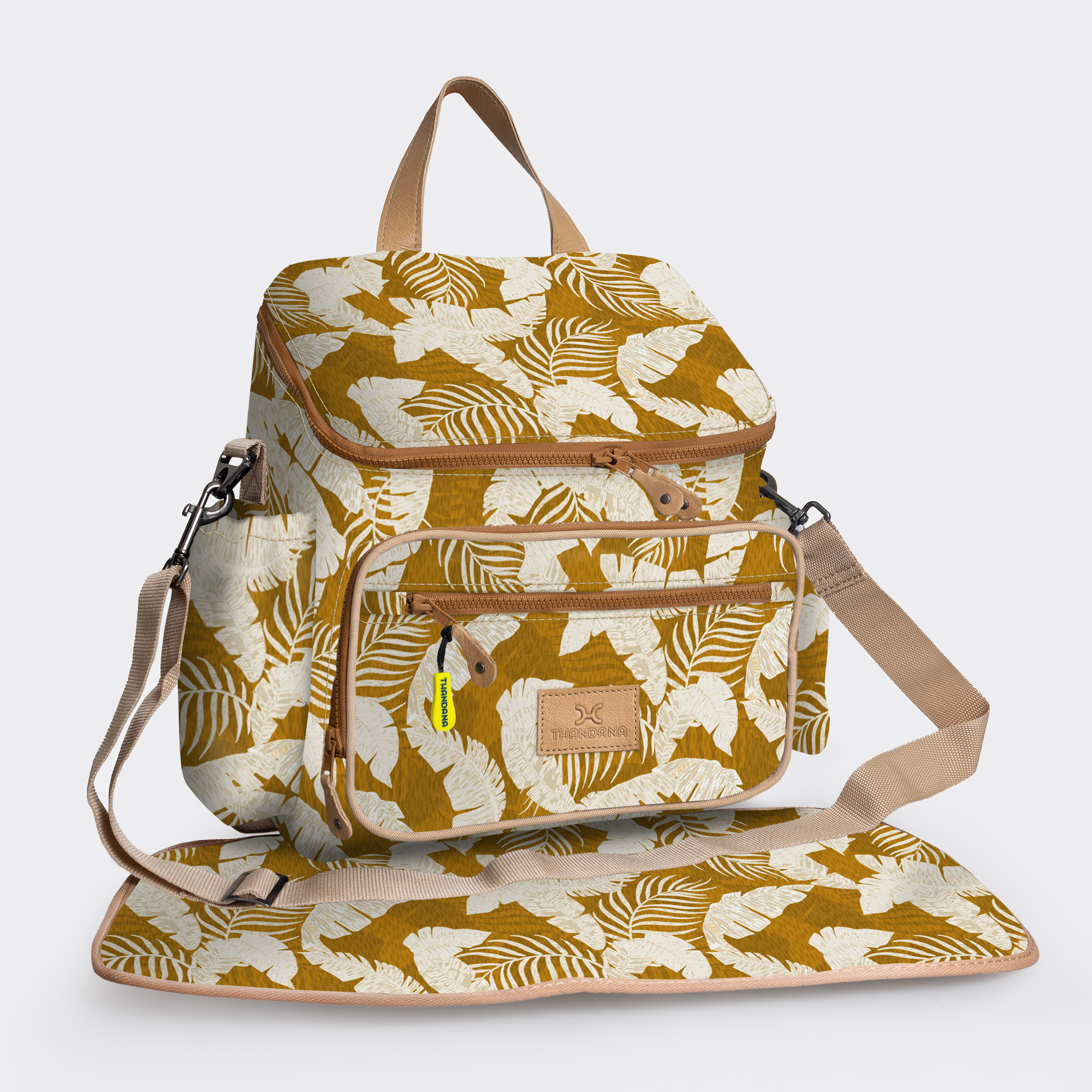 Baby Changing Backpack | Laminated Fabric with Genuine Leather Fauna - Earth / Chunky Zip Nappy Backpack Fabric