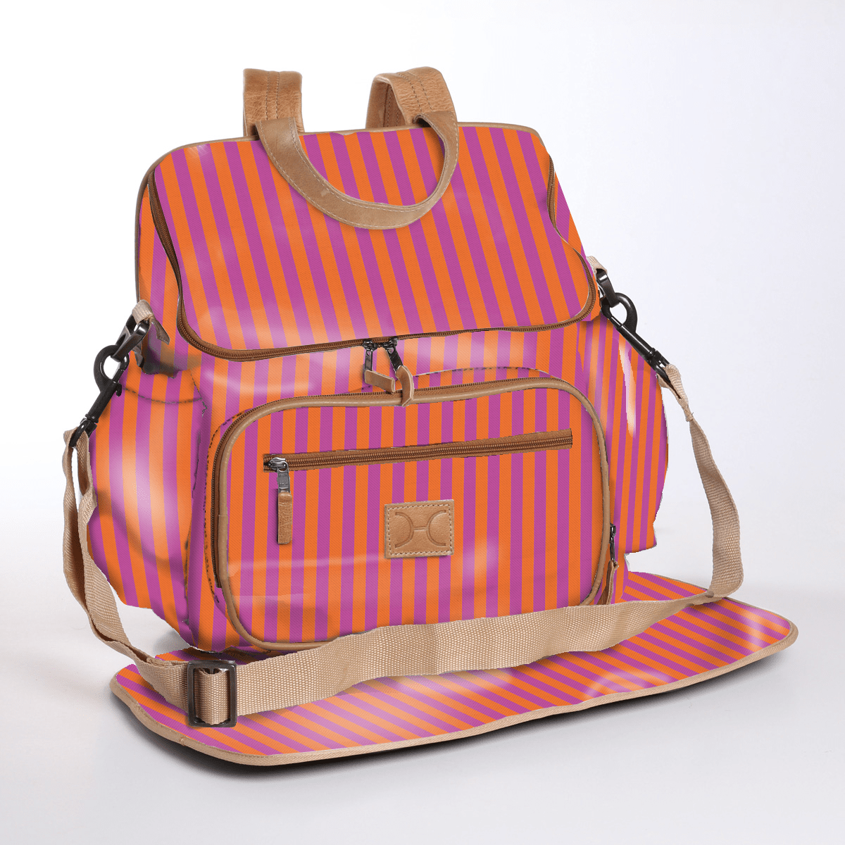 Baby Changing Backpack | Laminated Fabric with Genuine Leather Linear - Preppy / Chunky Zip Nappy Backpack Fabric