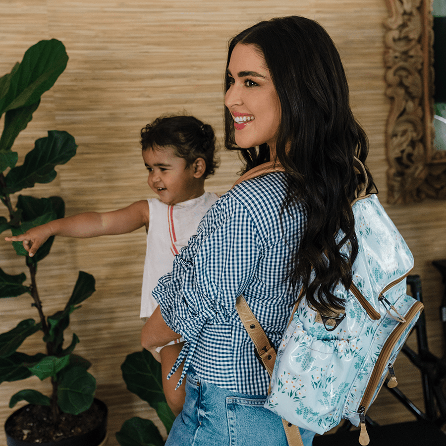 Baby Changing Backpack | Laminated Fabric with Genuine Leather Nappy Backpack Fabric by Thandana