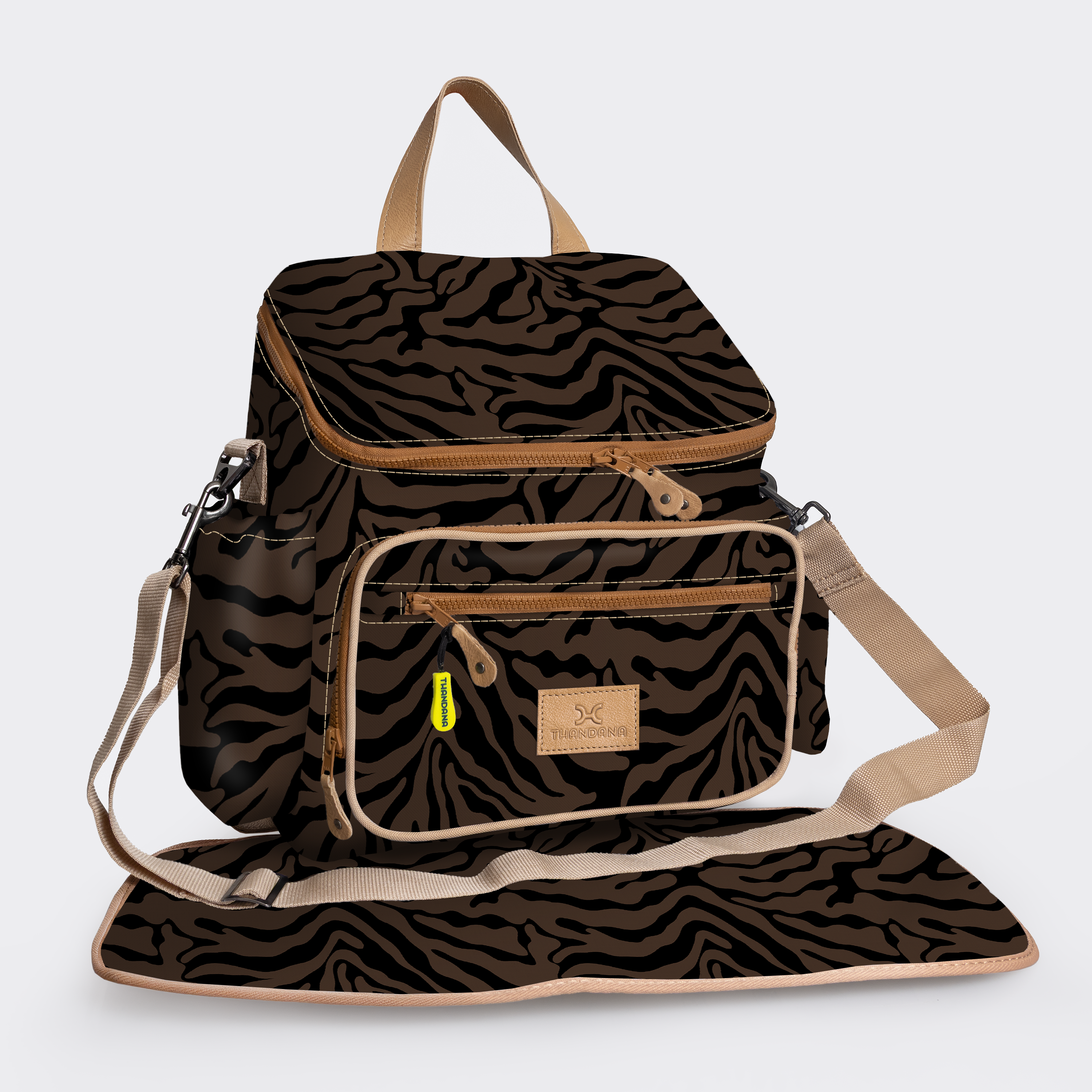 Baby Changing Backpack | Laminated Fabric with Genuine Leather Nomad Stripe - Coffee / Chunky Zip Nappy Backpack Fabric