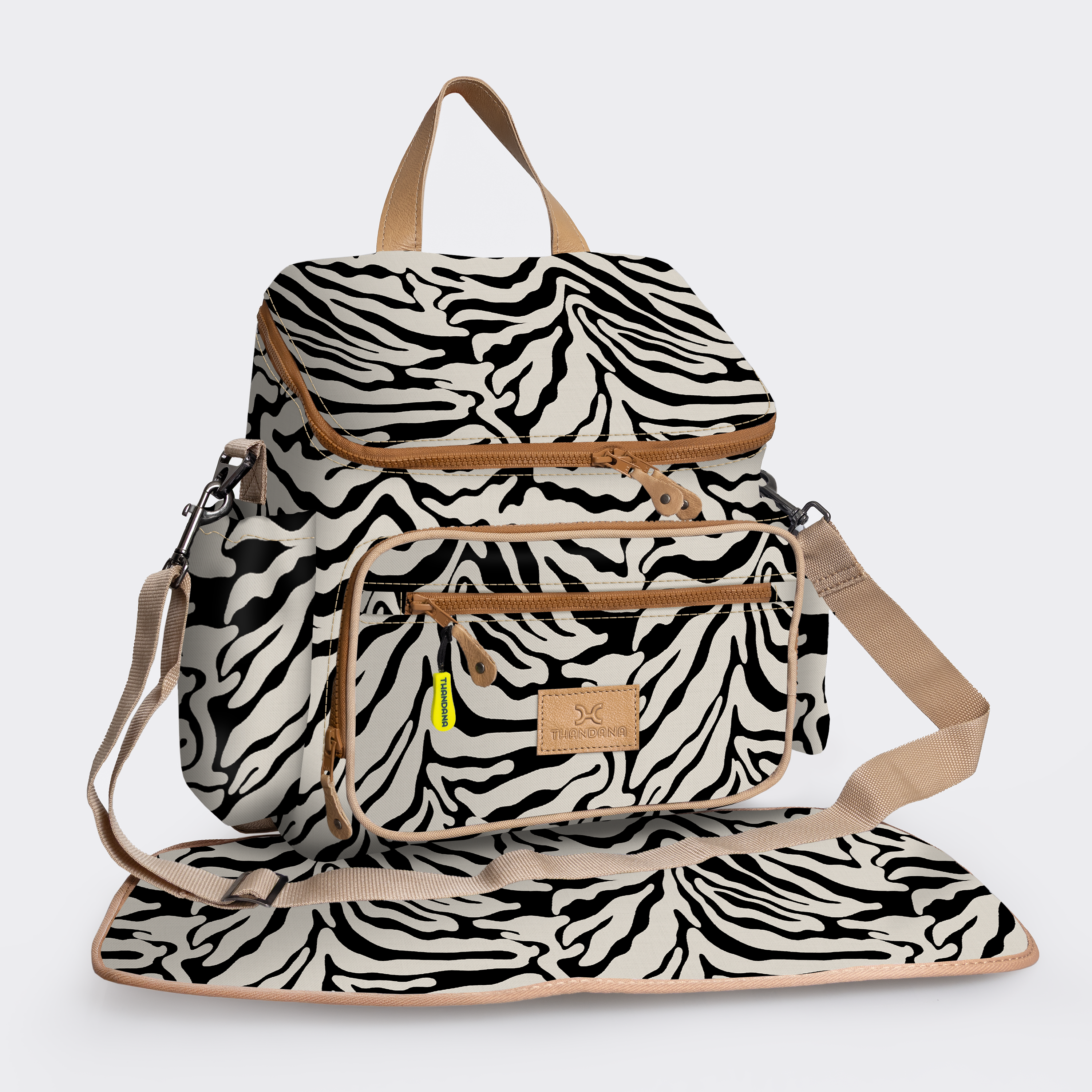 Baby Changing Backpack | Laminated Fabric with Genuine Leather Nomad Stripe - Pitch / Chunky Zip Nappy Backpack Fabric