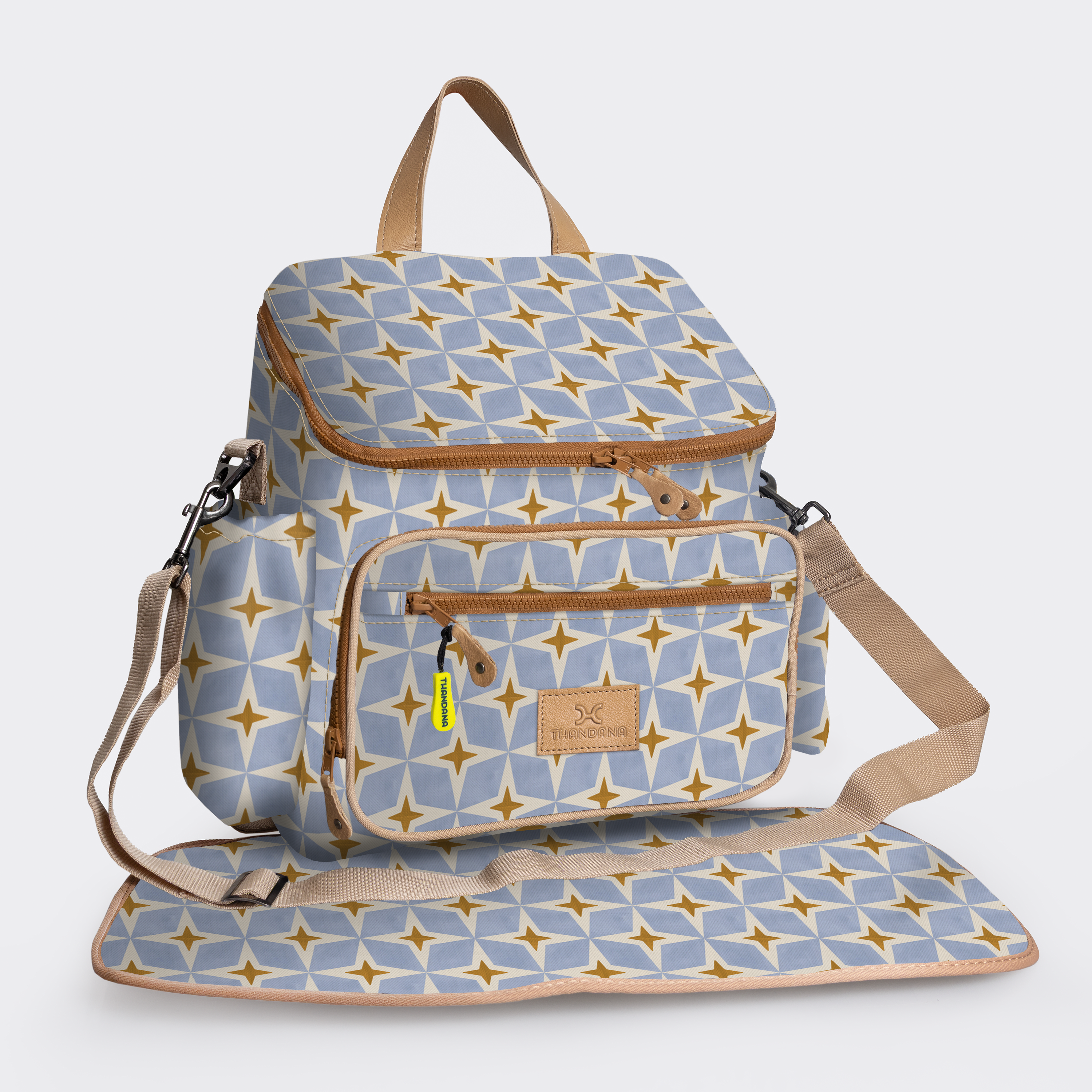 Baby Changing Backpack | Laminated Fabric with Genuine Leather Nova - Mist / Chunky Zip Nappy Backpack Fabric