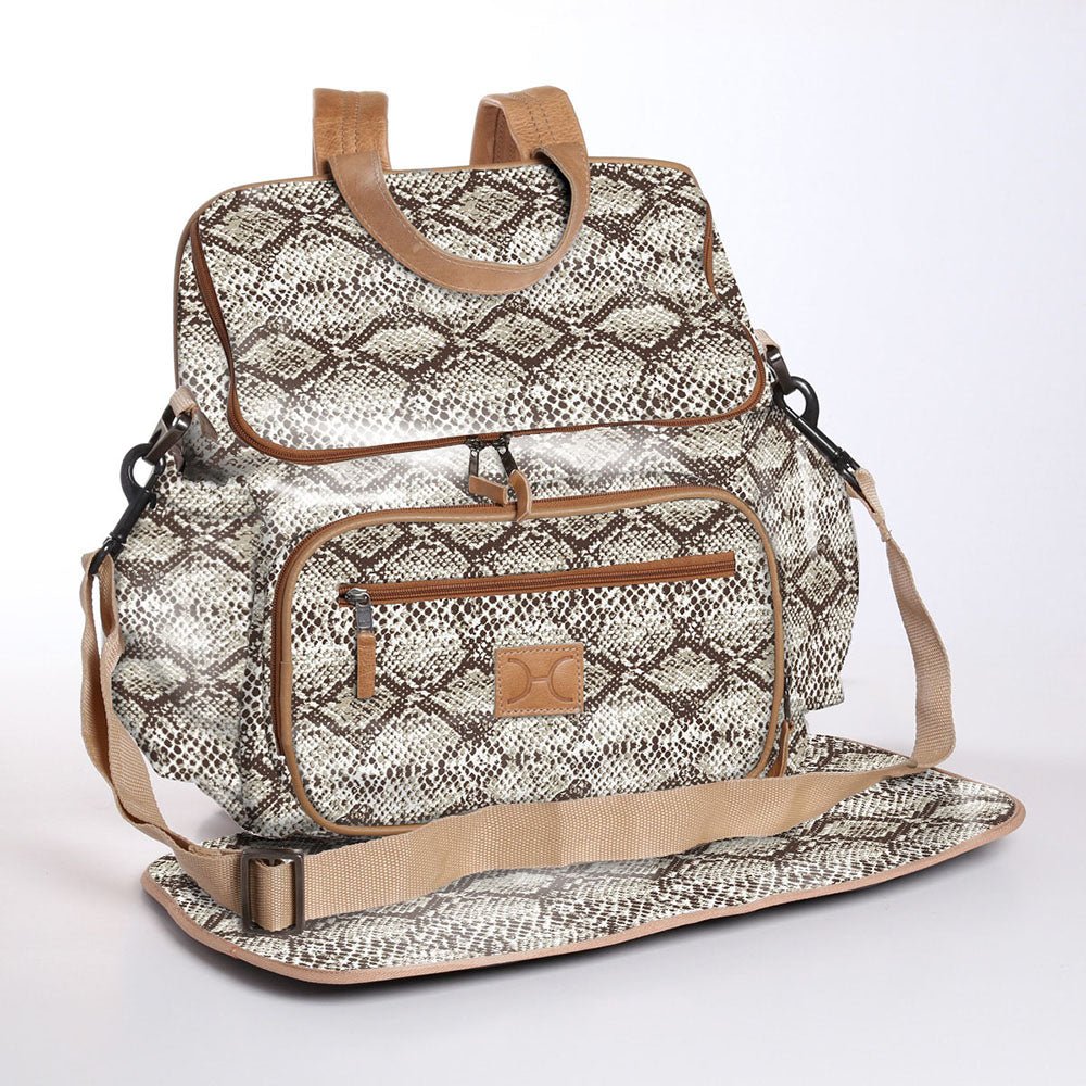 Baby Changing Backpack | Laminated Fabric with Genuine Leather Python - Moody / Chunky Zip Nappy Backpack Fabric