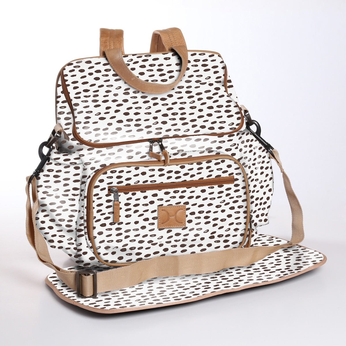 Baby Changing Backpack | Laminated Fabric with Genuine Leather Seeds - White / Chunky Zip Nappy Backpack Fabric