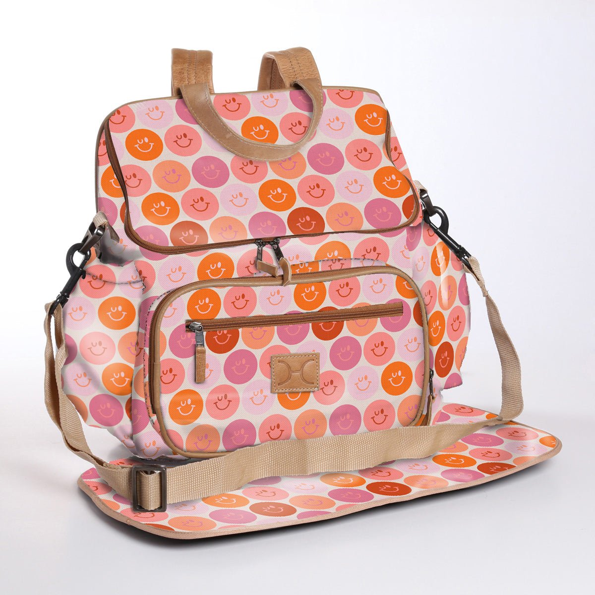 Baby Changing Backpack | Laminated Fabric with Genuine Leather Smiley - Blush / Chunky Zip Nappy Backpack Fabric