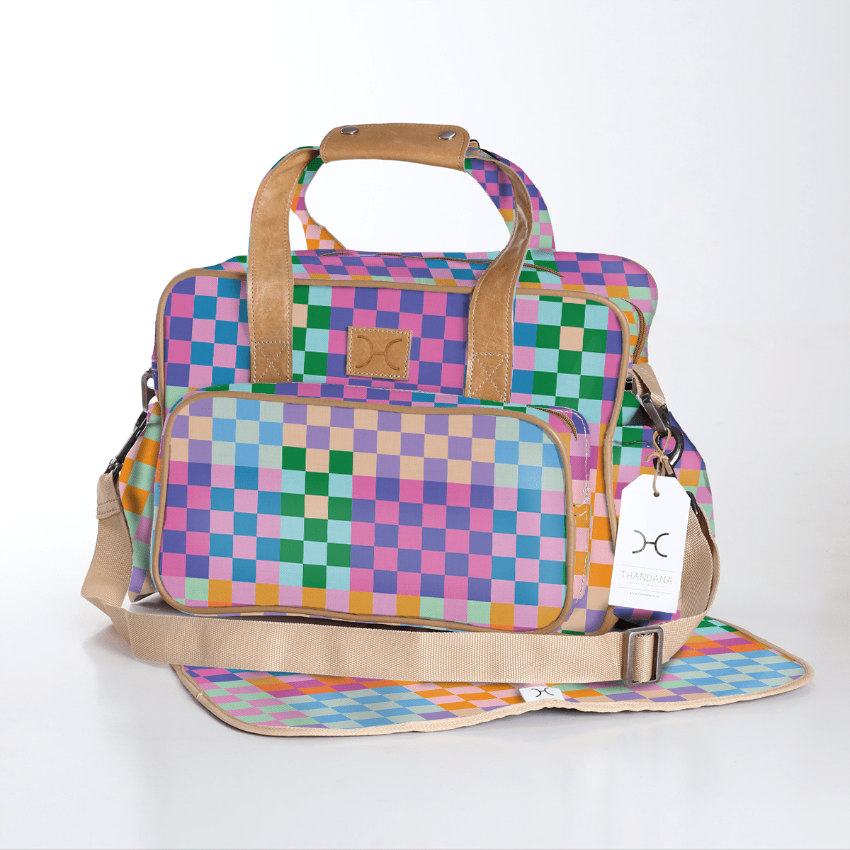 Baby Changing Bag | Laminated Fabric with Genuine Leather Checker - Preppy / Chunky Zip Nappy Bag Fabric by Thandana