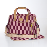 Baby Changing Bag | Laminated Fabric with Genuine Leather Checkmate - Cherry / Chunky Zip Nappy Bag Fabric by Thandana