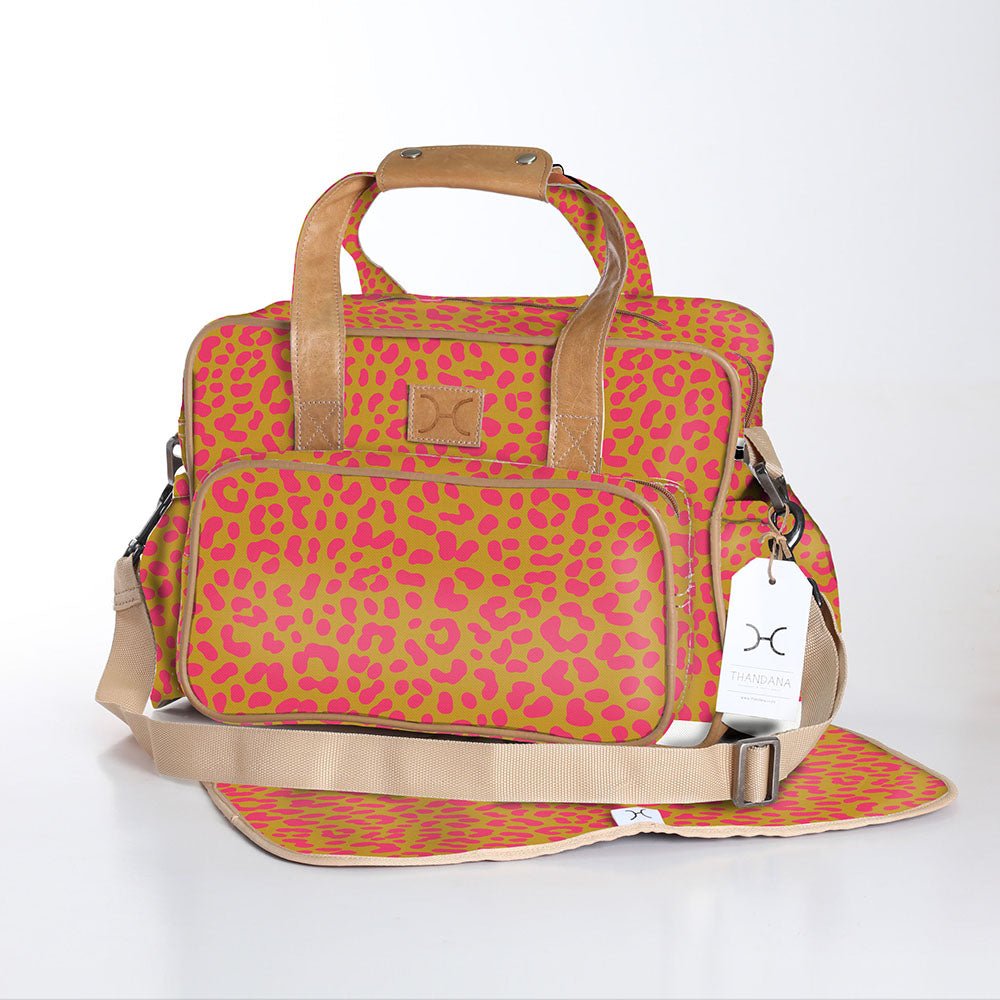 Baby Changing Bag | Laminated Fabric with Genuine Leather Cheetah - Preppy / Chunky Zip Nappy Bag Fabric by Thandana