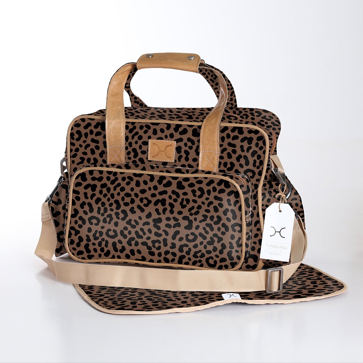 Baby Changing Bag | Laminated Fabric with Genuine Leather Cheetah - Coffee / Chunky Zip Nappy Bag Fabric by Thandana