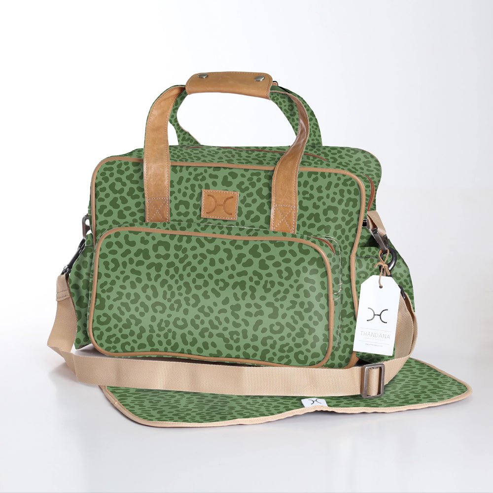 Baby Changing Bag | Laminated Fabric with Genuine Leather Cheetah - Olive / Chunky Zip Nappy Bag Fabric by Thandana