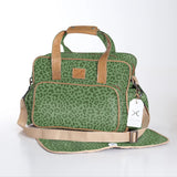 Baby Changing Bag | Laminated Fabric with Genuine Leather Cheetah - Olive / Chunky Zip Nappy Bag Fabric by Thandana