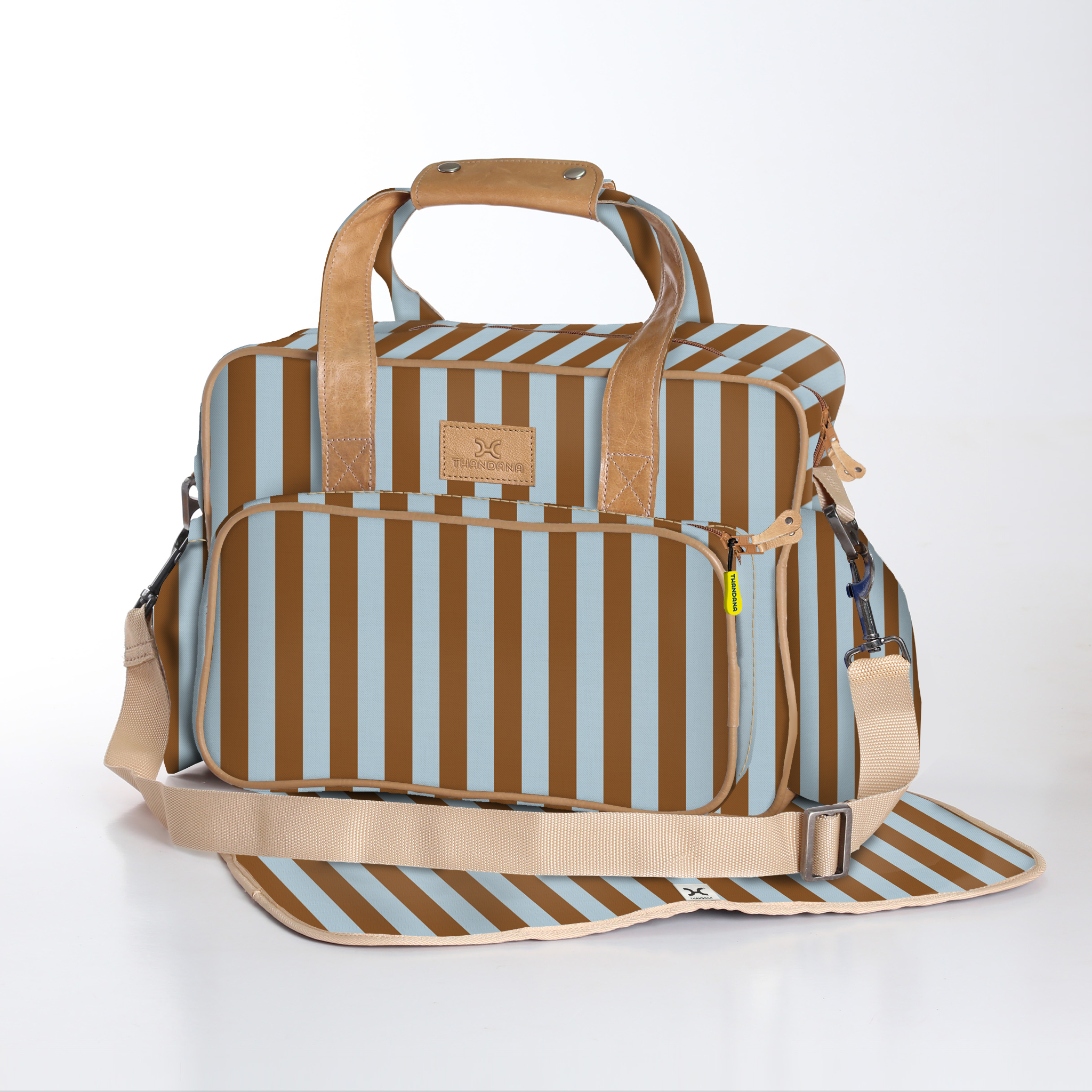 Baby Changing Bag | Laminated Fabric with Genuine Leather Coastal Stripe - Blue / Chunky Zip Nappy Bag Fabric