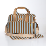 Baby Changing Bag | Laminated Fabric with Genuine Leather Coastal Stripe - Blue / Chunky Zip Nappy Bag Fabric