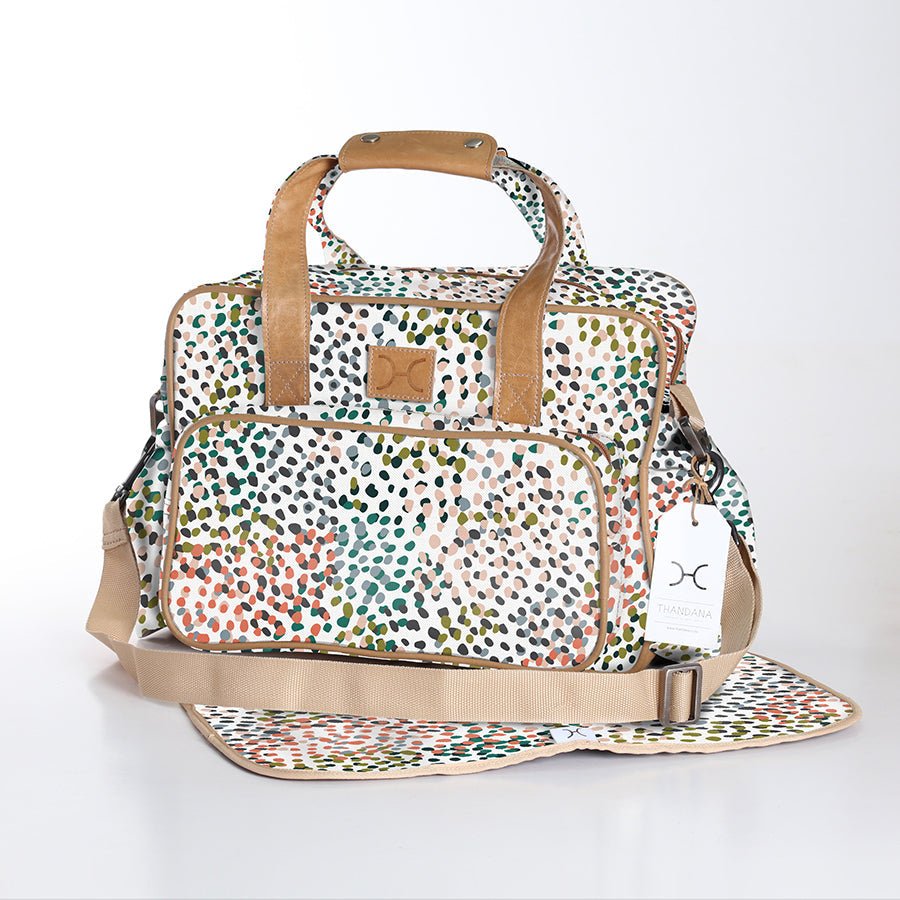 Baby Changing Bag | Laminated Fabric with Genuine Leather Confetti - All About / Chunky Zip Nappy Bag Fabric by Thandana