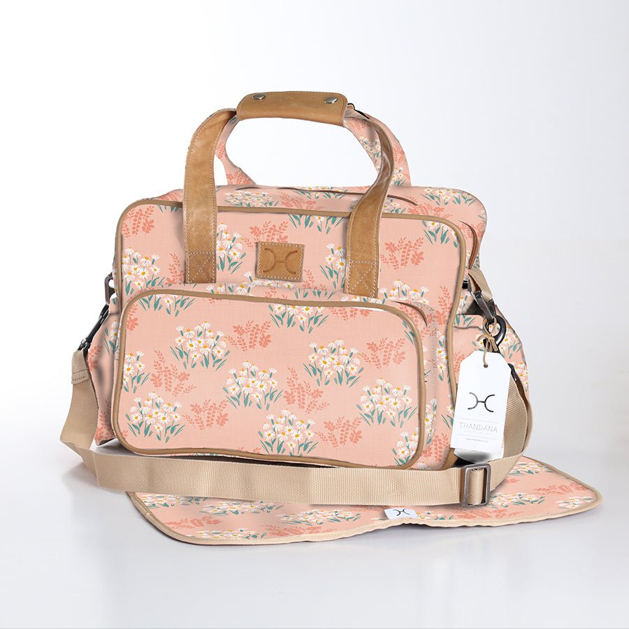Baby Changing Bag | Laminated Fabric with Genuine Leather Crazy Daisy - Blush / Chunky Zip Nappy Bag Fabric by Thandana